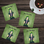 Set De Posavasos Pretty Gothic Girl Green Eyes Hat Tattoos on Green<br><div class="desc">This set of four acrylic coasters are a textured look green with a pretty Gothic girl with green eyes,  black green hair wearing a black dress and green hat.  She has tattoos on her face and arm.   Customise your text with the template.</div>