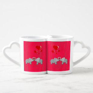 Set De Tazas De Café Elefantes románticos y corazones rojos en puntos d