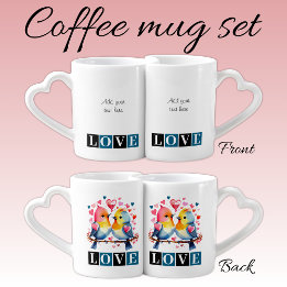 Set De Tazas De Café Love birds custom text blue Valentine