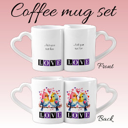 Set De Tazas De Café Love birds custom text purple Valentine