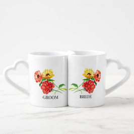 Set De Tazas De Café Novia y Groom Red Yellow Gerbera Daisy