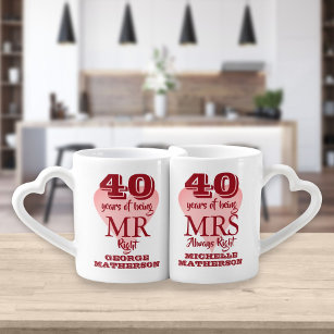 Set De Tazas De Café Sr. Mrs. Right Fun 40 Aniversario Ruby Heart