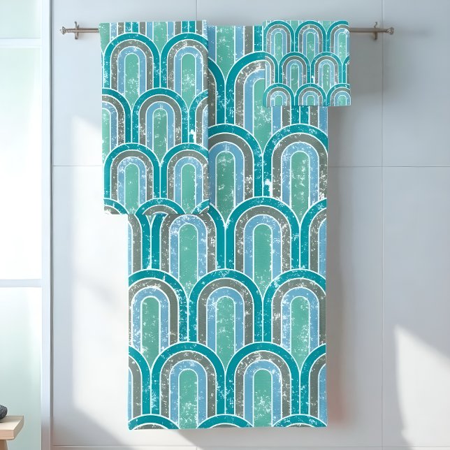 Set de toalla de baño azul con arcos de lluvia (Distressed retro rainbow arches in teal and blue for bold bathroom or boho home decor)