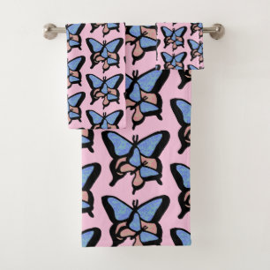 Set de toallas de baño azul y rosa para mariposas