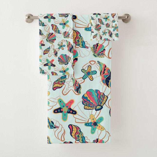 Set de toallas de baño con patrón de conchas color (In situ)