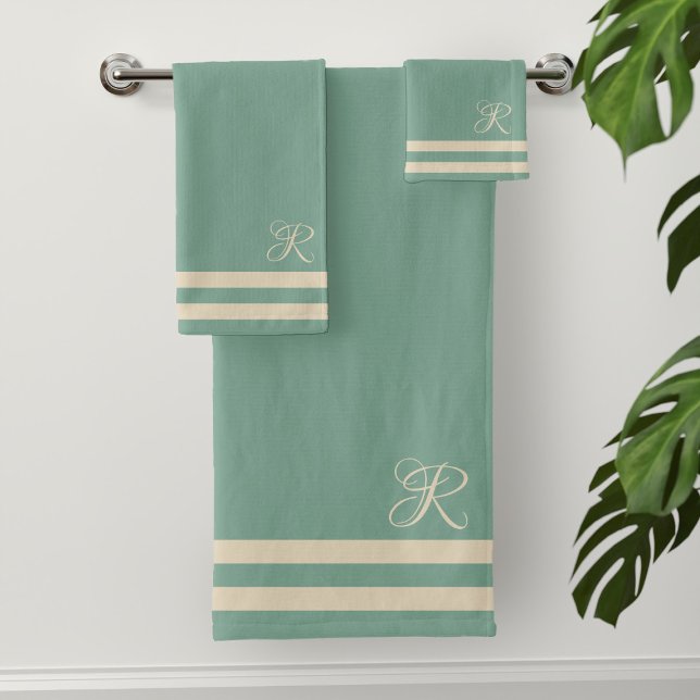 Set de toallas de raya de marinero turquesa modern (Sea green and cream sailor stripe bath towel set with your initial)