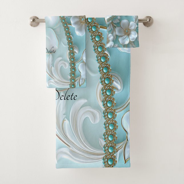 Set de toallas florales verde azuladas blancas (In situ)