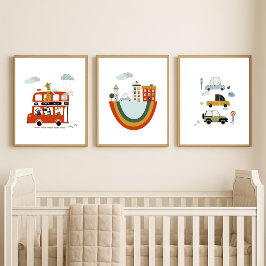 Set of 3 Baby Nursery Artwork Cute Animals Cars