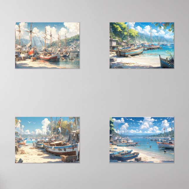 Sets De Impresiones Aldea costera con barcos pesqueros (Anverso)