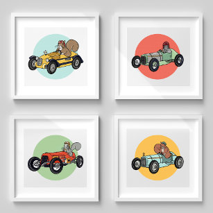 Sets De Impresiones Ardillas de coches de carrera de vintage   Arte De