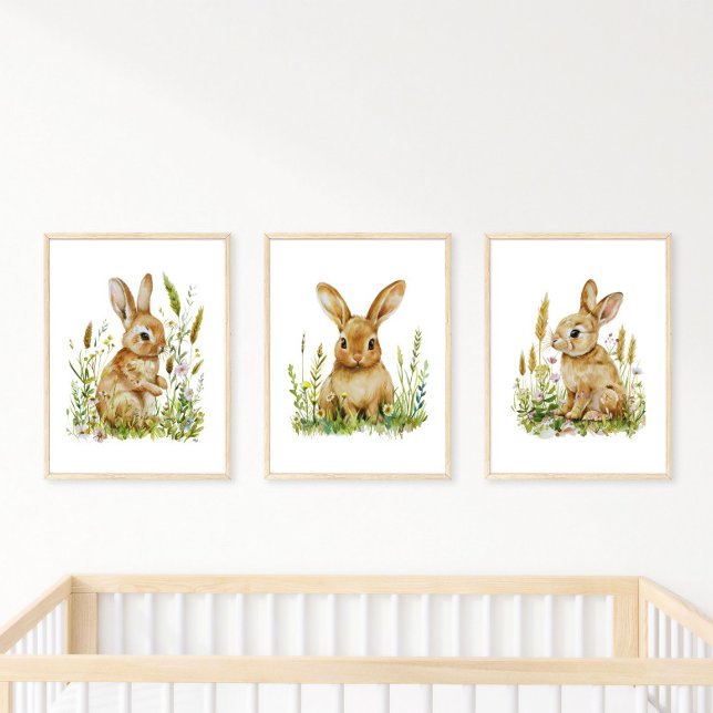 Sets De Impresiones Baby Bunny Rabbit Wildflowers Nursery Baby Gift (Cute Adorable Baby Bunnies Nursery Wall Art prints, set of three. Gender Neutral. Baby Boy Baby girl)