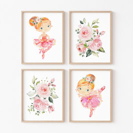 Sets De Impresiones Ballerina, pelo Naranja, flores rosadas, guardería