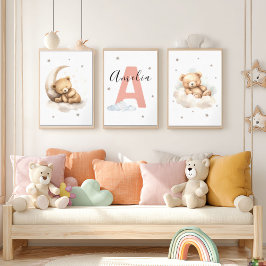 Sets De Impresiones Blush Pink Teddy Bear Nursery Wall Art Custom Name