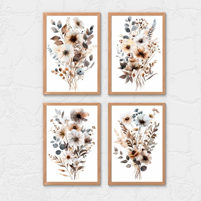 Sets De Impresiones Boho Wildflower Floral Botanicals Blue Brown Beige (Boho Wildflowers Blue Brown Beige Watercolor Floral Wall art set of 2, 3 or 4 prints)