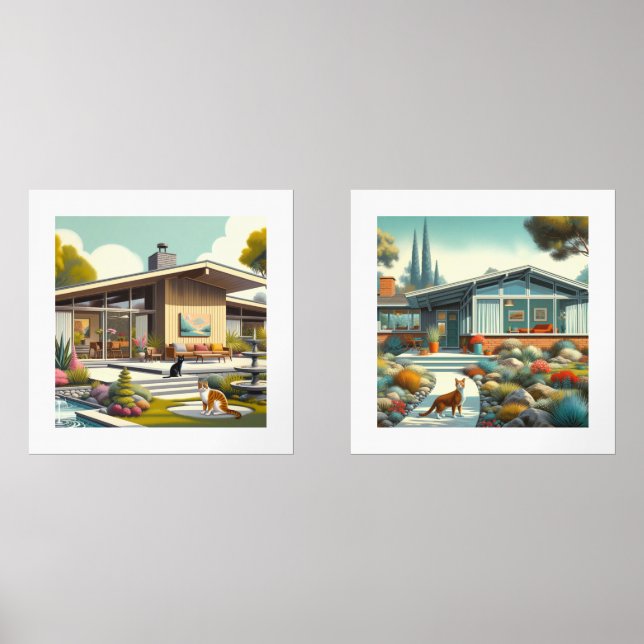 Sets De Impresiones Casas modernas de mediados de siglo / acuarela dig (Anverso)