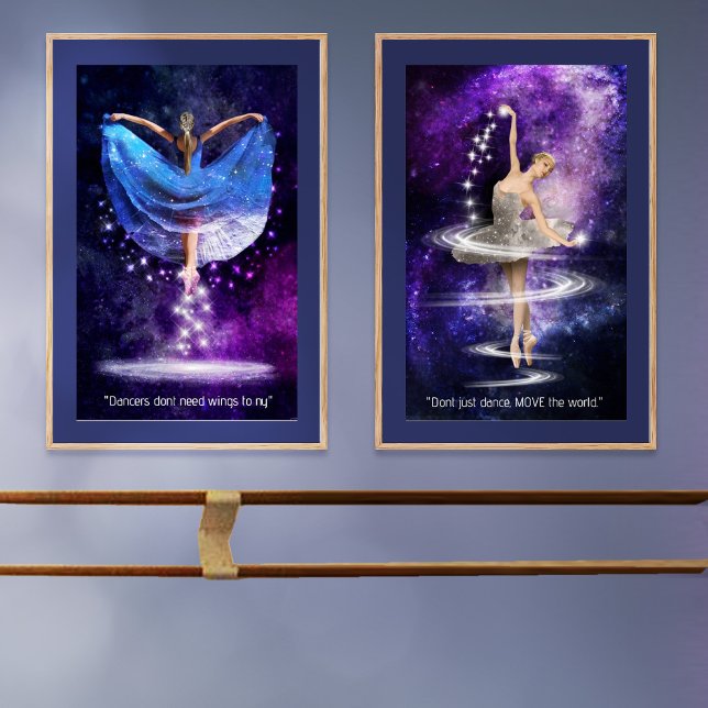 Sets De Impresiones Conjunto de Posters de danza celeste (Galaxy dance posters glow above a purple wall, perfectly complementing this cozy studio vibe.)