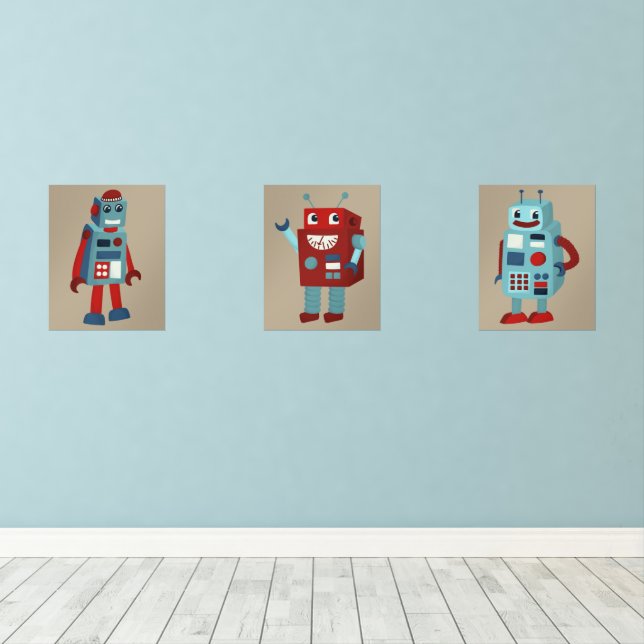 Sets De Impresiones Cute Retro Robots tema de ciencia ficción (Suelo de Madera)