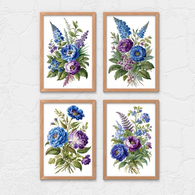 Sets De Impresiones Flores de época azul morado (Blue Purple Vintage Watercolor Wall Art Set of 2, 3  or 4 prints)