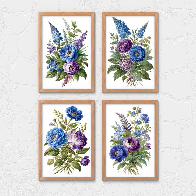 Sets De Impresiones Flores de época azul morado (Blue Purple Floral Watercolor Vintage Wall Art set of 2, 3 or 4 prints)