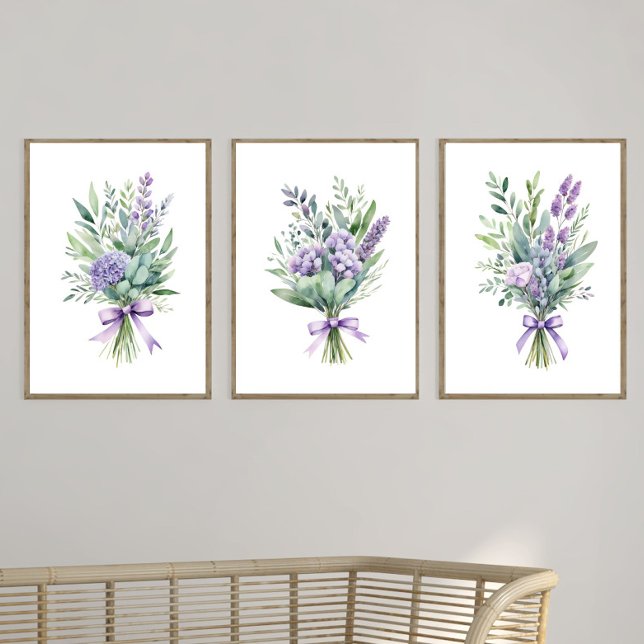 Sets De Impresiones Impresión floral de flores silvestres de lavanda m (Lavender Pastel Purple Flowers Wall Art Set of three prints posters. Framed or unframed)