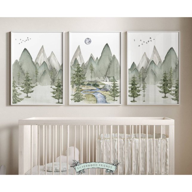 Sets De Impresiones Juego de 3 pinturas de guardería de montaña (Set of 3 Mountain Nursery Prints featuring a watercolour mountain and forest landscape)