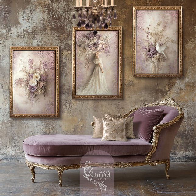 Sets De Impresiones Lavender Blooms Portrait white dove Rustic Floral (Lavender Blooms, Romantic Portrait, Bird & Floral, Large Gallery Wall Art Poster Prints.)