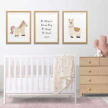 Llama Unicorn Boho Nursery Art, nombre de texto Pe