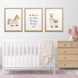 Sets De Impresiones Llama Unicorn Boho Nursery Art, nombre de texto Pe