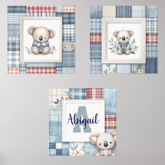 Sets De Impresiones Patchwork Denim Koala Personalized Nursery Prints (Anverso)