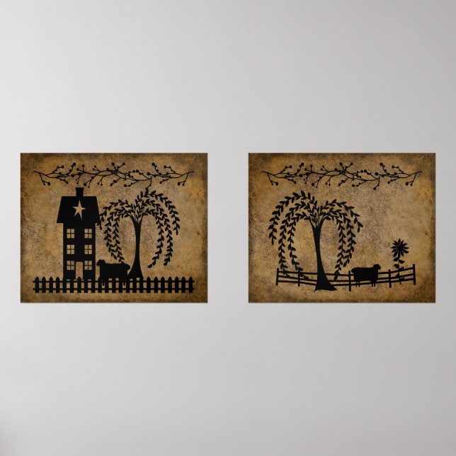 Sets De Impresiones Prim Salt Box House Willow Tree Sheep Pip Berries (Anverso)