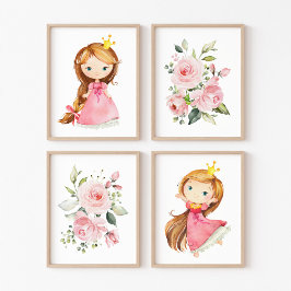 Sets De Impresiones Princesa, pelo marrón, flores rosadas, guardería C