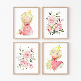Sets De Impresiones Princesa, pelo rubio, flores rosas, guardería Chic