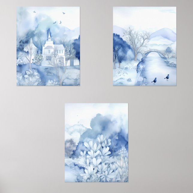 Sets De Impresiones Pueblo Azul Tranquilo – Paisaje Boho (Anverso)