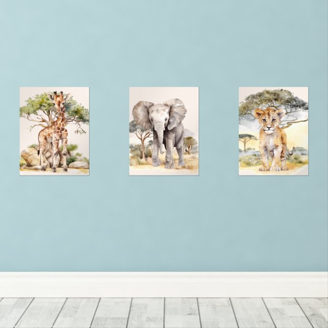 Sets De Impresiones Safari Babies Giraffe Elephant Leon Nursery (Suelo de Madera)