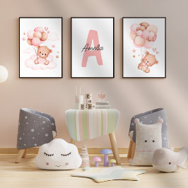 Sets De Impresiones Teddy Bear nursersery Baby Girl Nombre inicial Art