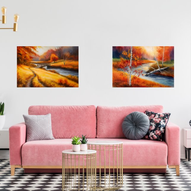 Sets De Impresiones Vibrante pintura de bosques otoñales - Paisaje oto (Sala de estar)
