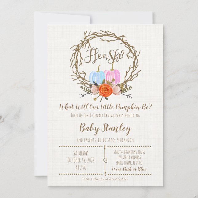 Sexo de calabaza Invitación a revelar (Anverso)