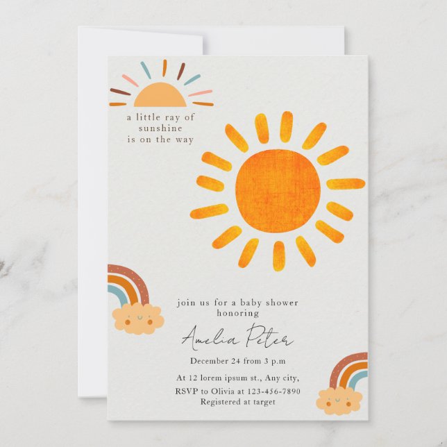 Sexo Sunshine Neutral Boho Sun Invitación Baby Sho (Anverso)