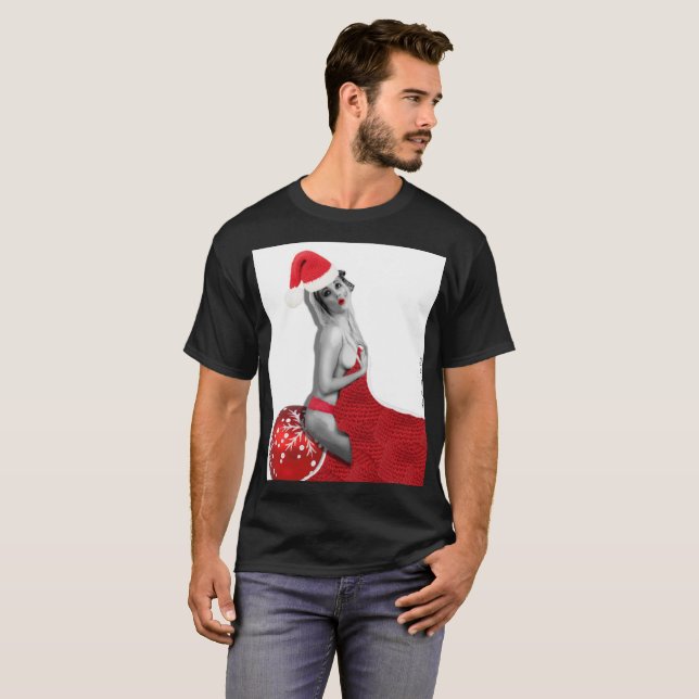 Sexy Santa Pinup Chica Art Mens Navidad camiseta (Anverso completo)