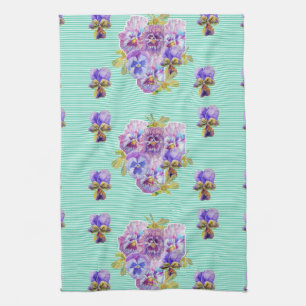 Shabby Chic Aqua Pansy Floral Kitchen Toalla de t