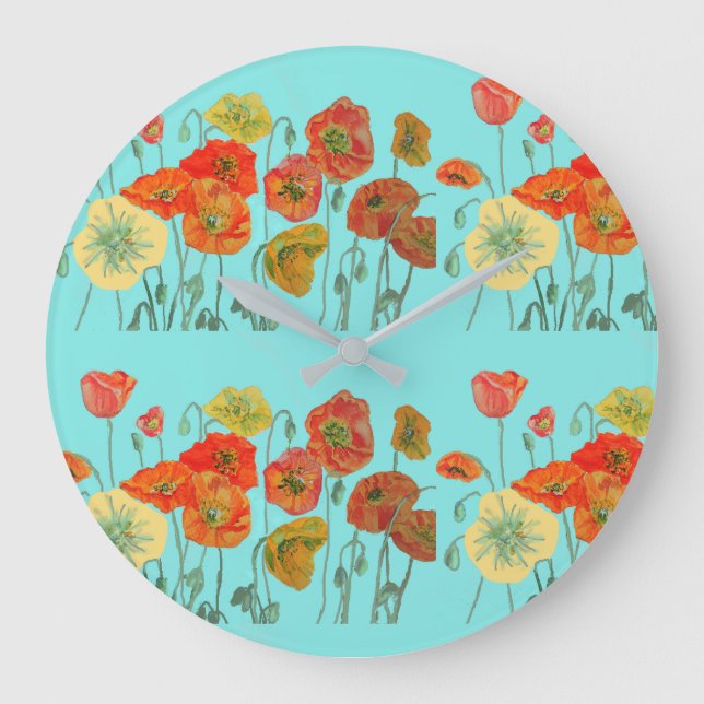 Shabby Chic Aqua Poppy Flores Reloj de pared de ar (Anverso)