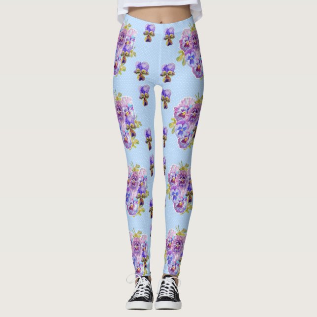 Shabby Chic Blue Pansy Floral Dot Leggings (Anverso)