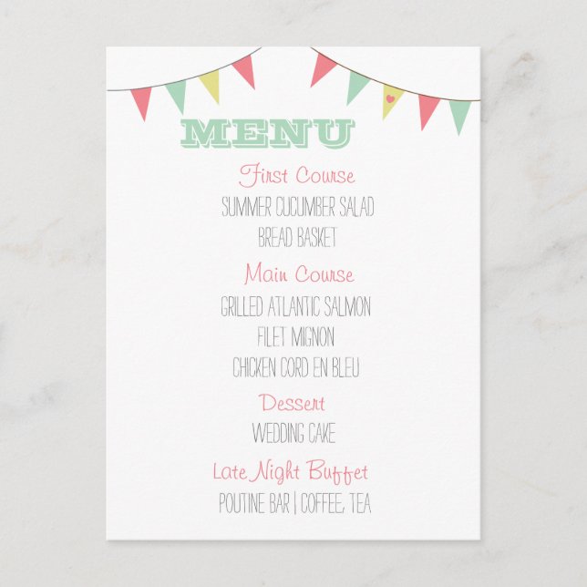 Shabby Chic Bunting Boda Menu Pink and Mint (Anverso)