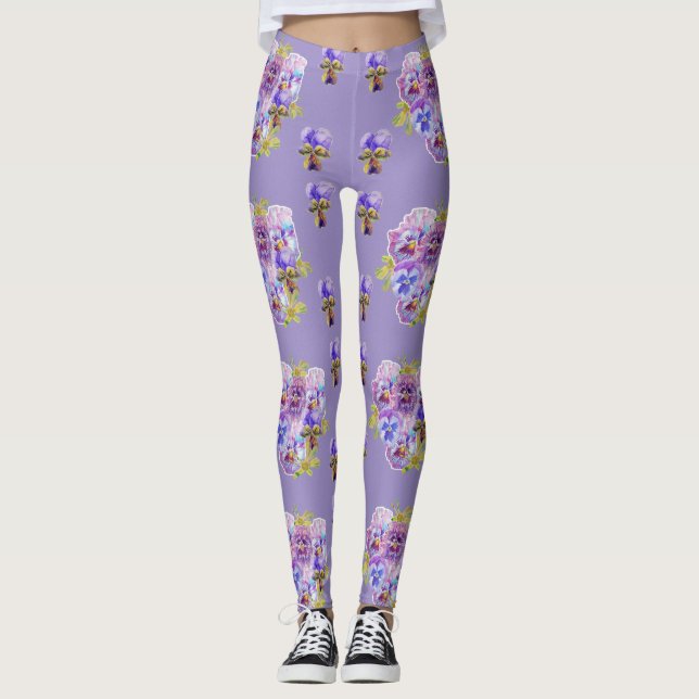 Shabby Chic Lavender Purple Pansy Floral Leggings (Anverso)