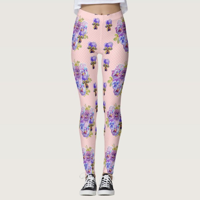 Shabby Chic Light Pink Dot Pansy Floral Leggings (Anverso)
