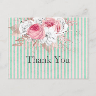 Shabby Chic Pink Bouquet Stripes Gracias Tarjeta