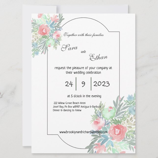 Shabby Chic, Rubor y menta, invitación a la boda (Anverso)
