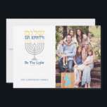 Shalom Peace on Earth Hanukkah<br><div class="desc">¡Sé la luz! Envíe esta tarjeta a sus amigos y familia esta festividad, y caliente sus espíritus con luz. Menorá plateado con texto azul y dorado de Shalom (en hebreo) en la Tierra. Fácil de personalizar con su nombre y foto. Fácil de personalizar con texto, fuentes y colores. Creado por...</div>