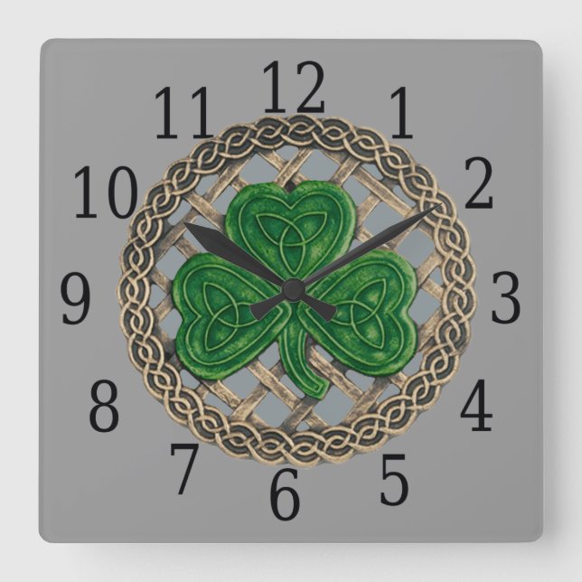 Shamrock gris y nudos celtas reloj cuadrado (Anverso)