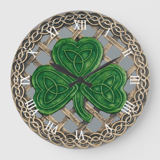 Shamrock gris y nudos celtas reloj numérico romano (Anverso)